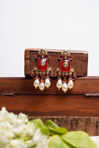 Red Heritage Moti Danglers