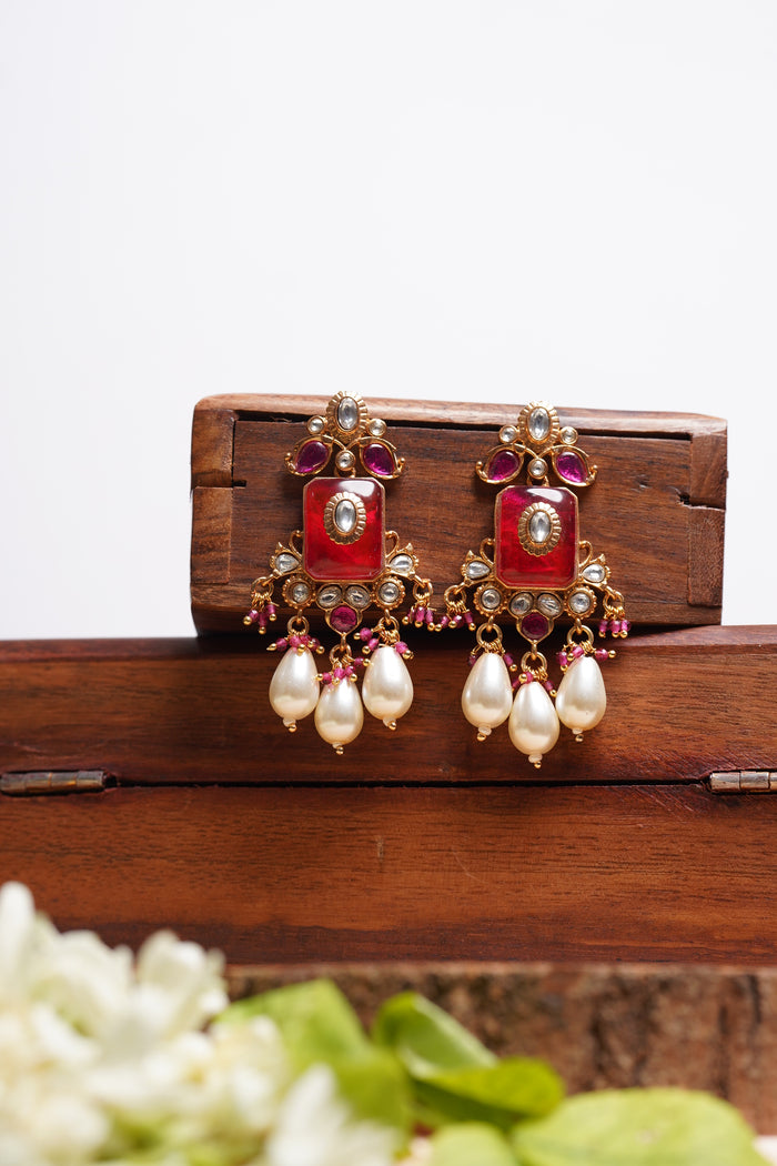 Red Heritage Moti Danglers