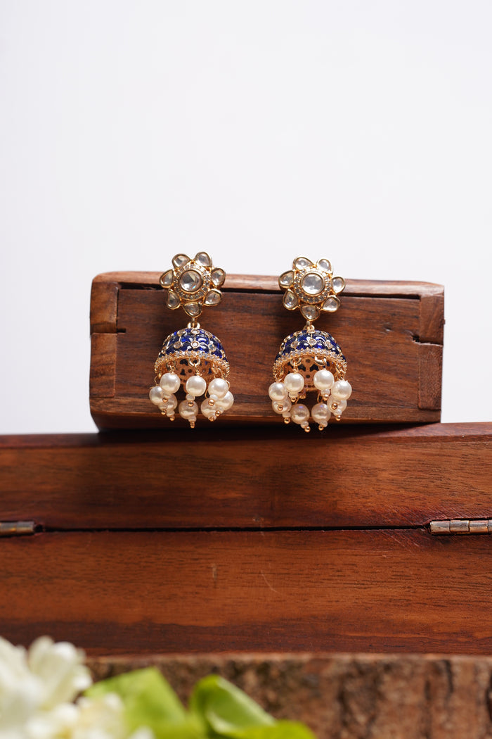 Kundan Blue Floral Jhumkas